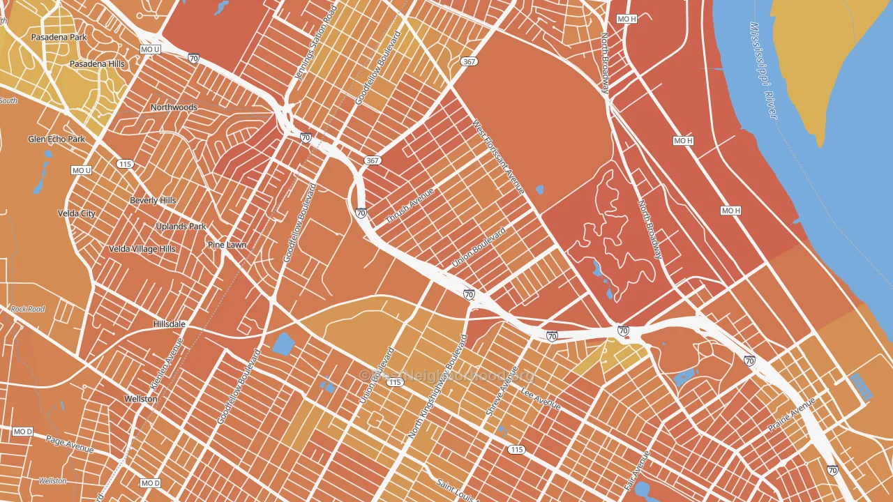 Map of the best neighborhoods in the Mark Twain, St. Louis area, with better matches in green and worse matches in red