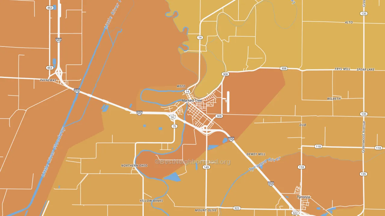 Map of the best neighborhoods in the Marked Tree area, with better matches in green and worse matches in red