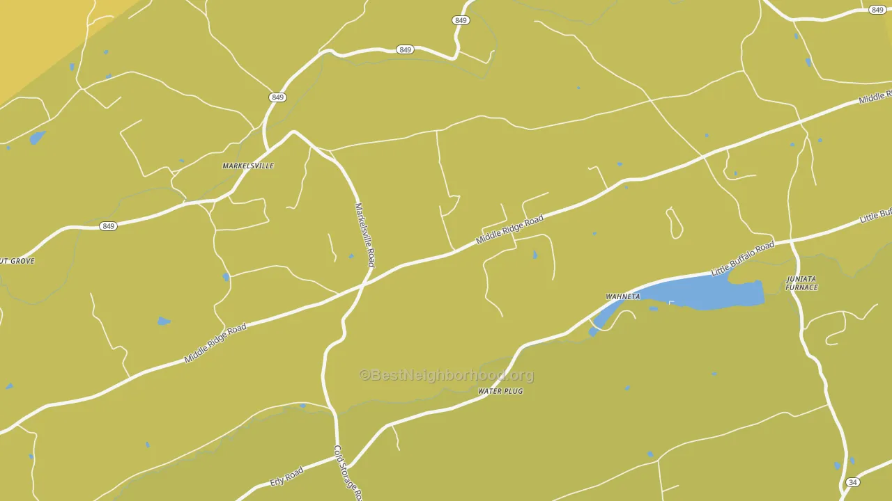 Map of the best neighborhoods in the Markelsville area, with better matches in green and worse matches in red