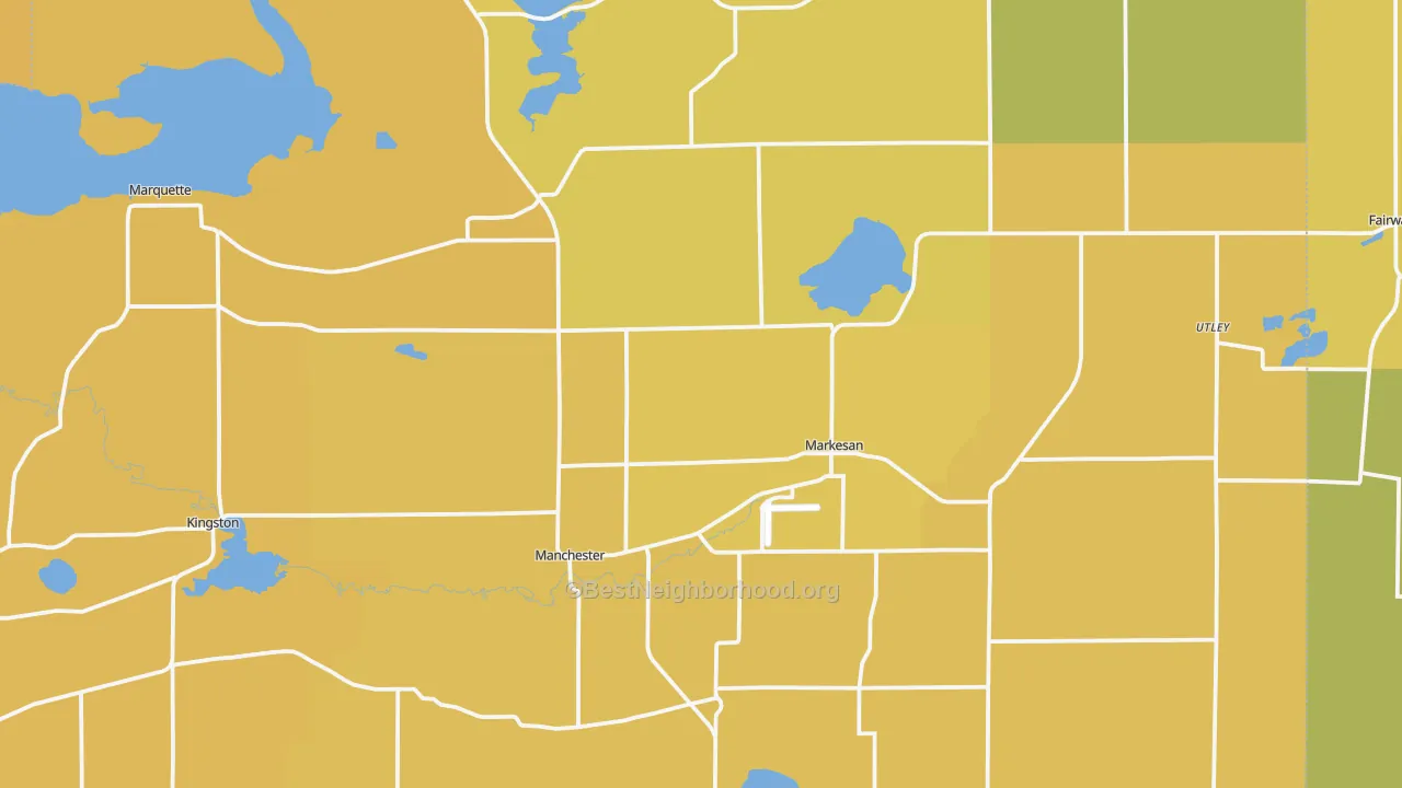 Map of the best neighborhoods in the Markesan area, with better matches in green and worse matches in red