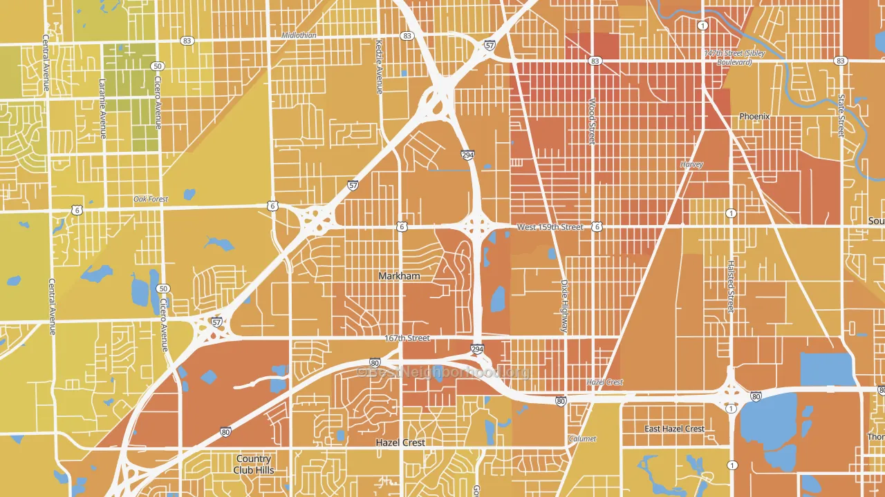 Map of the best neighborhoods in the Markham area, with better matches in green and worse matches in red
