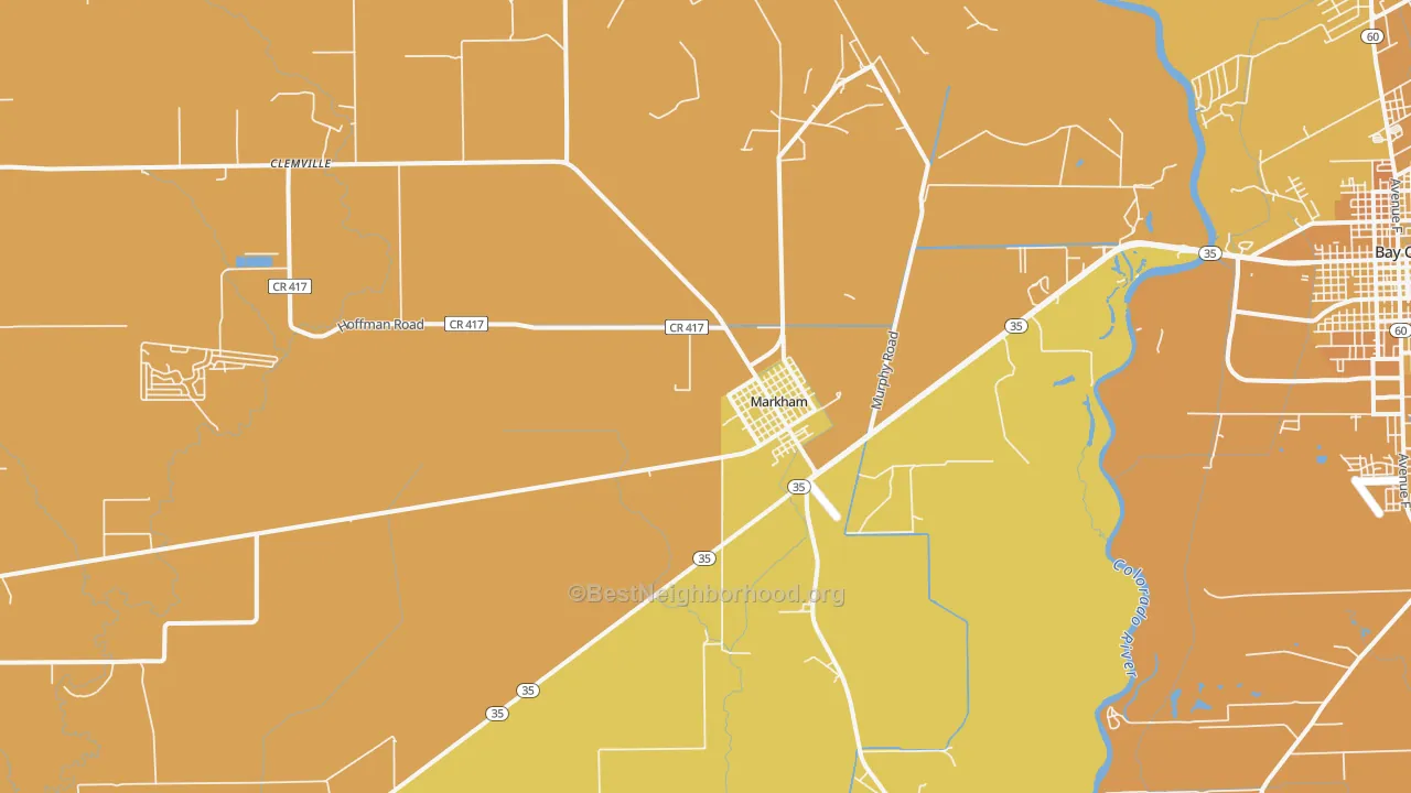 Map of the best neighborhoods in the Markham area, with better matches in green and worse matches in red