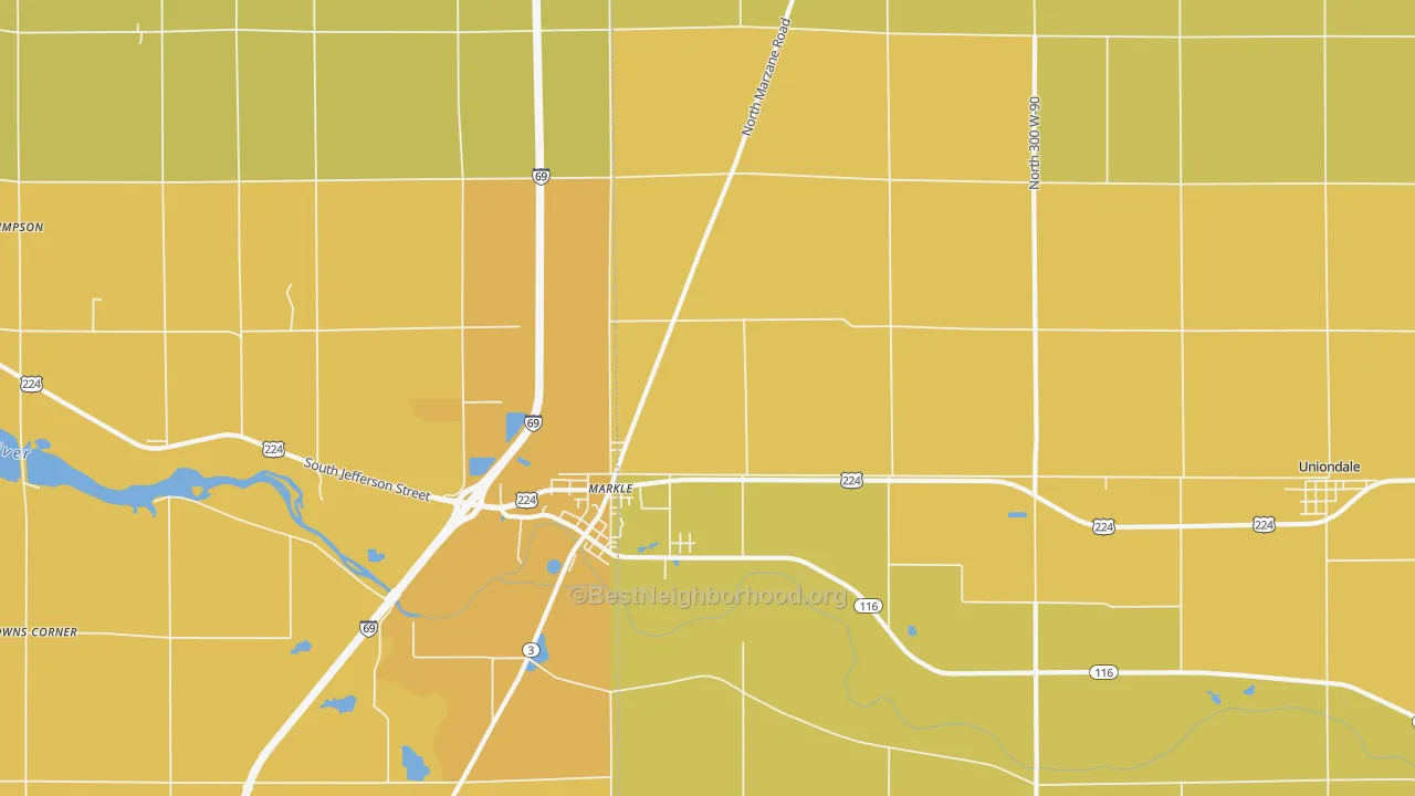 Map of the best neighborhoods in the Markle area, with better matches in green and worse matches in red