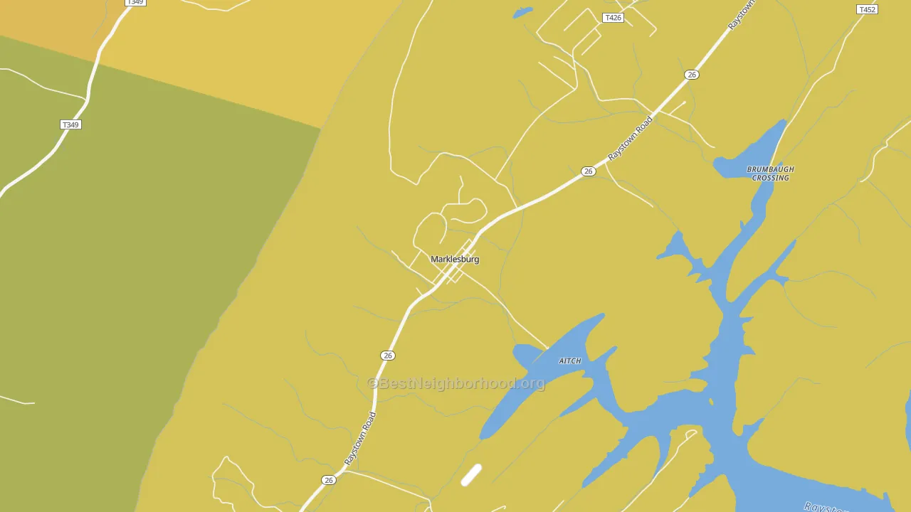 Map of the best neighborhoods in the Marklesburg area, with better matches in green and worse matches in red