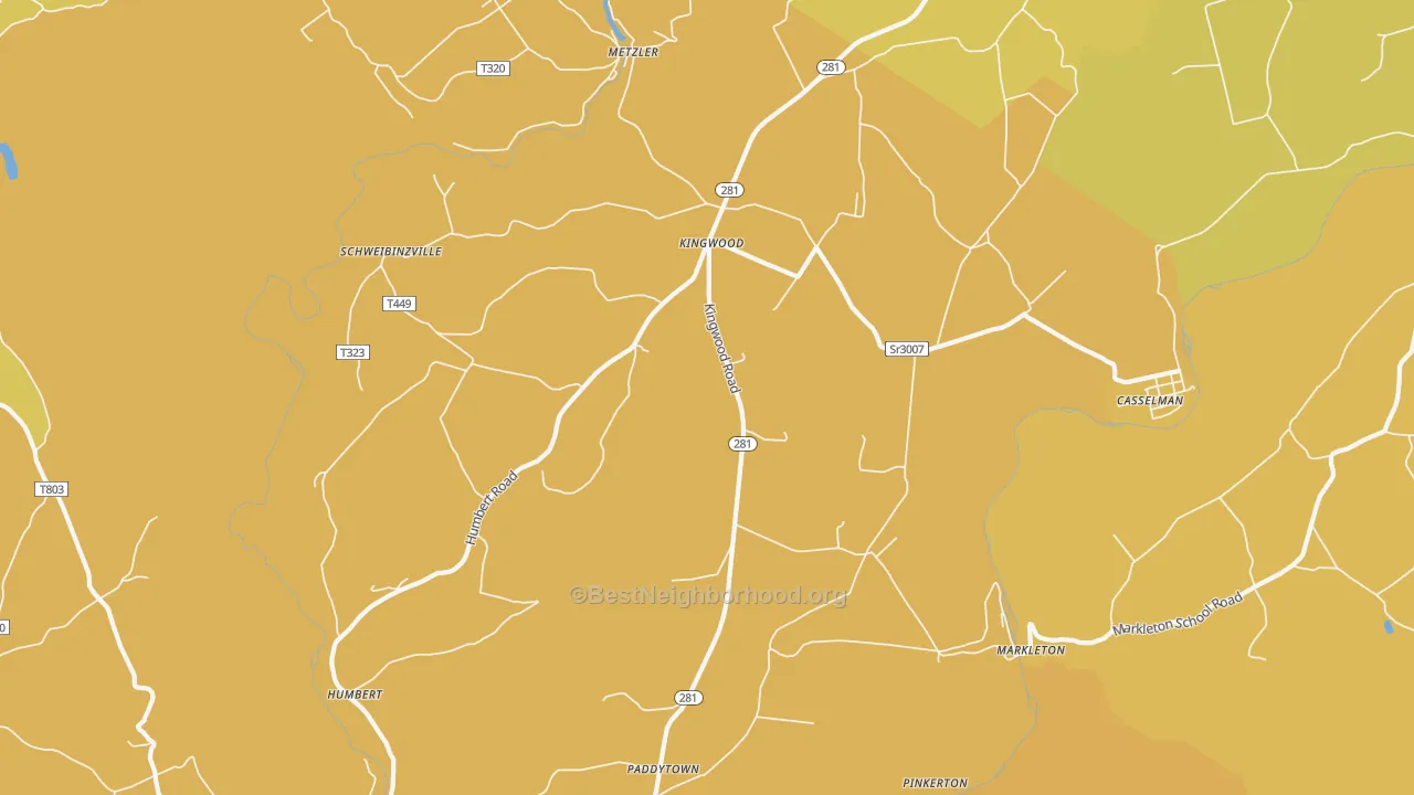 Map of the best neighborhoods in the Markleton area, with better matches in green and worse matches in red