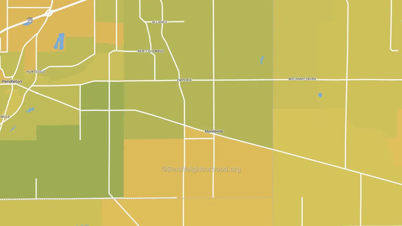 Map of the best neighborhoods in the Markleville area, with better matches in green and worse matches in red