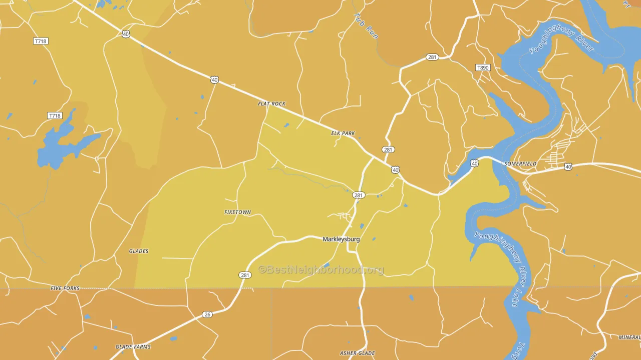Map of the best neighborhoods in the Markleysburg area, with better matches in green and worse matches in red