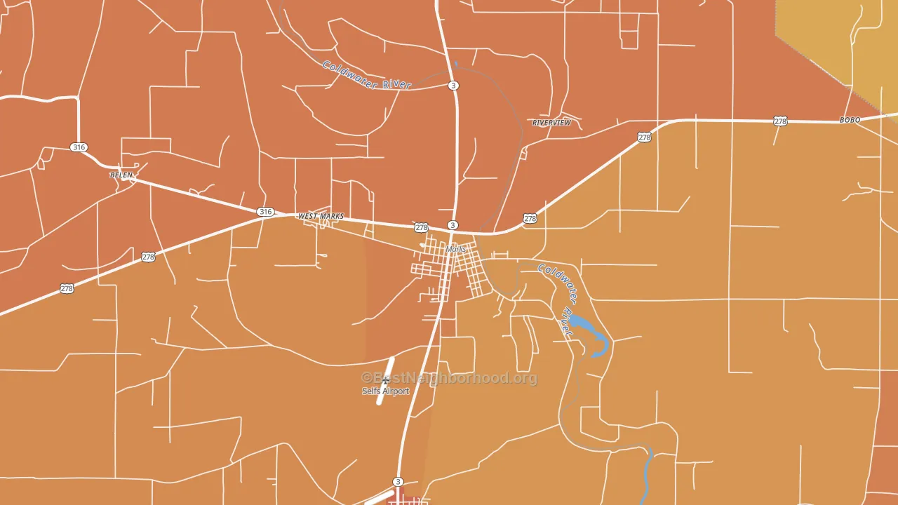 Map of the best neighborhoods in the Marks area, with better matches in green and worse matches in red