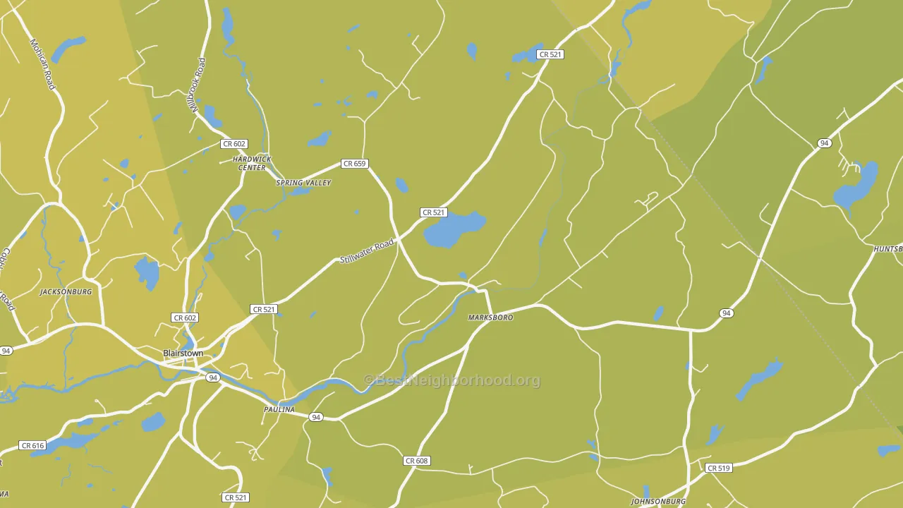 Map of the best neighborhoods in the Marksboro area, with better matches in green and worse matches in red