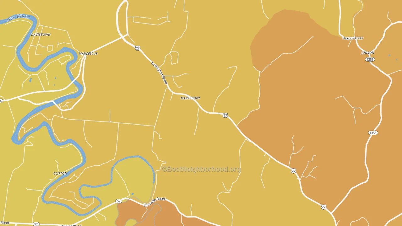 Map of the best neighborhoods in the Marksbury area, with better matches in green and worse matches in red