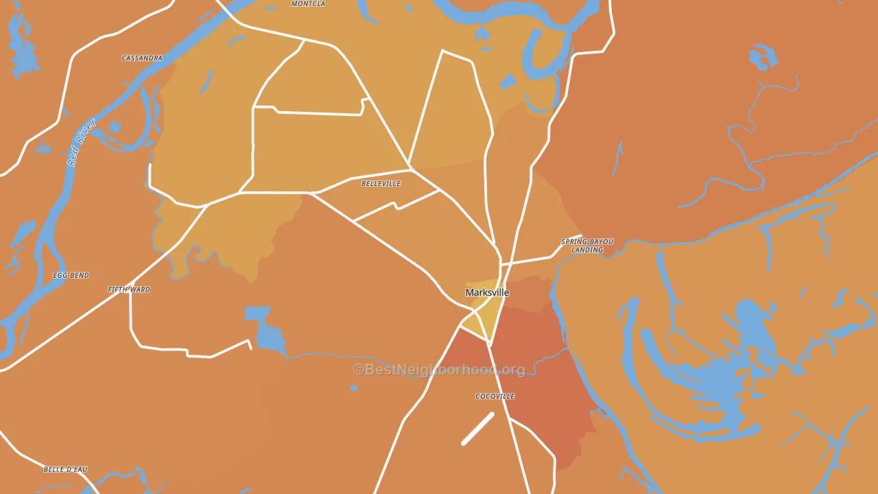 Map of the best neighborhoods in the Marksville area, with better matches in green and worse matches in red