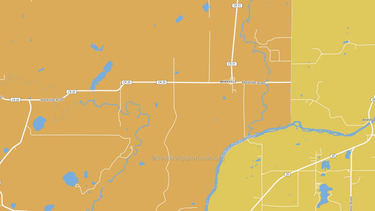 Map of the best neighborhoods in the Markville area, with better matches in green and worse matches in red