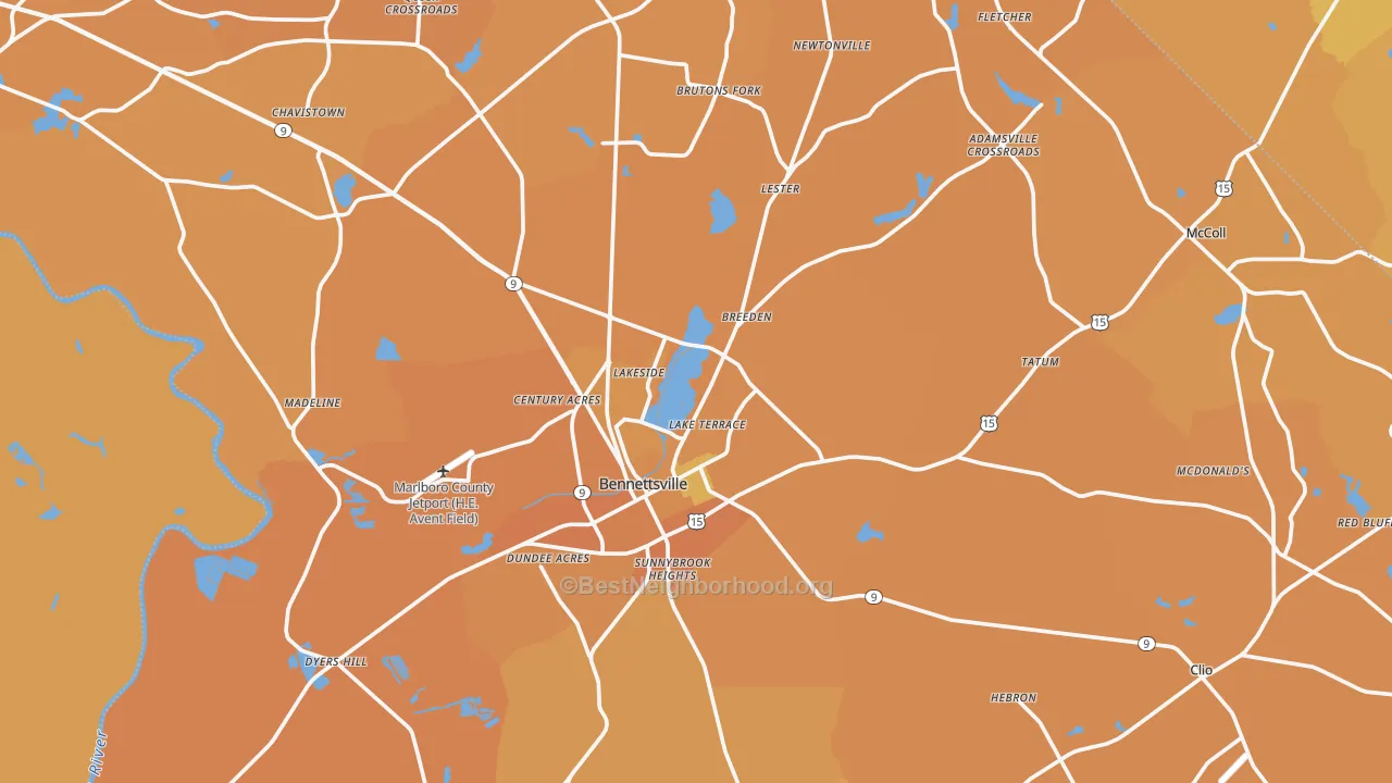 Map of the best neighborhoods in the Marlboro County area, with better matches in green and worse matches in red