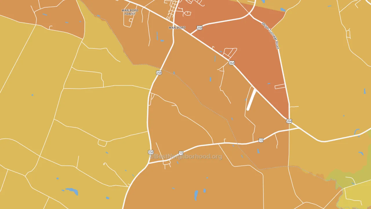 Map of the best neighborhoods in the Marlboro area, with better matches in green and worse matches in red