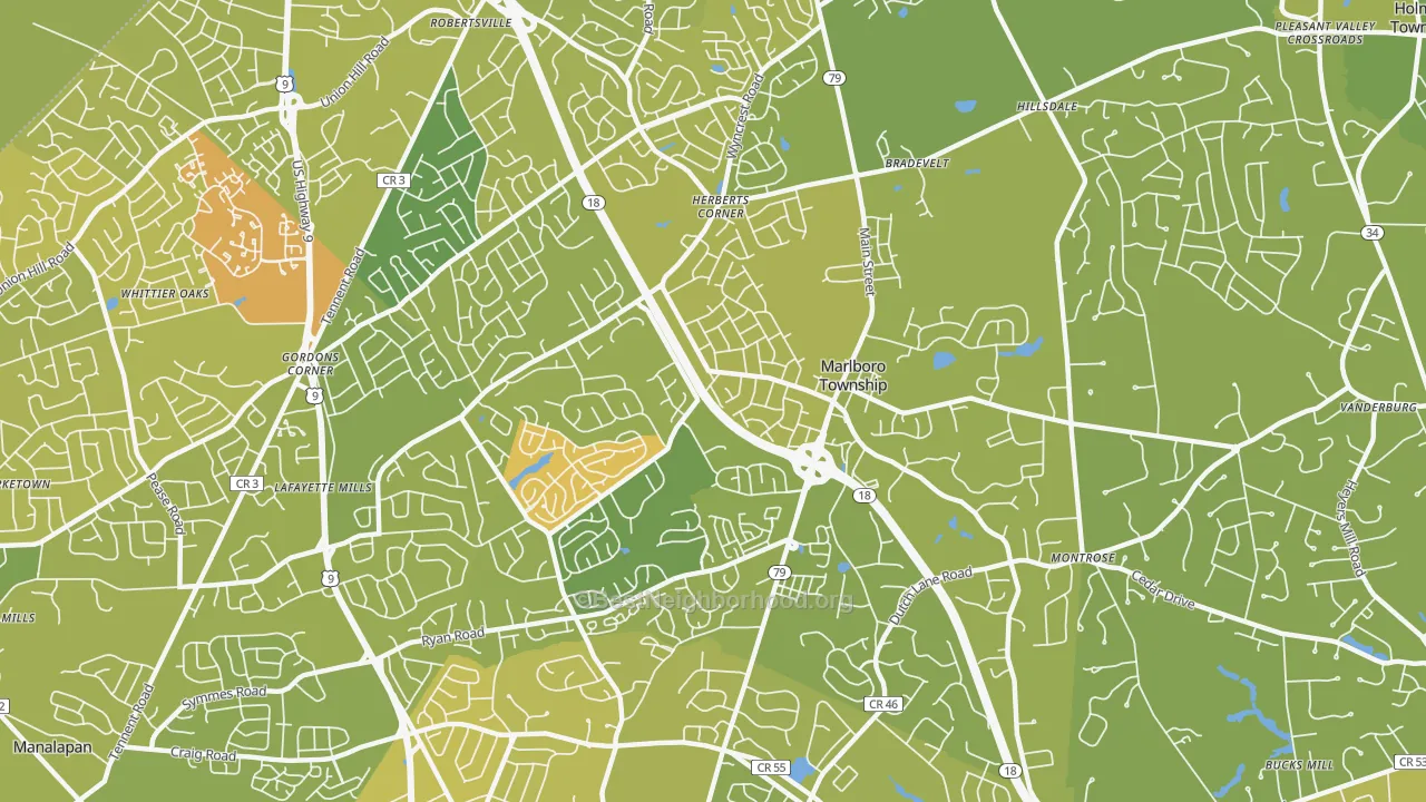 Map of the best neighborhoods in the Marlboro area, with better matches in green and worse matches in red