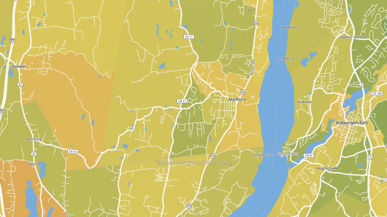 Map of the best neighborhoods in the Marlboro area, with better matches in green and worse matches in red