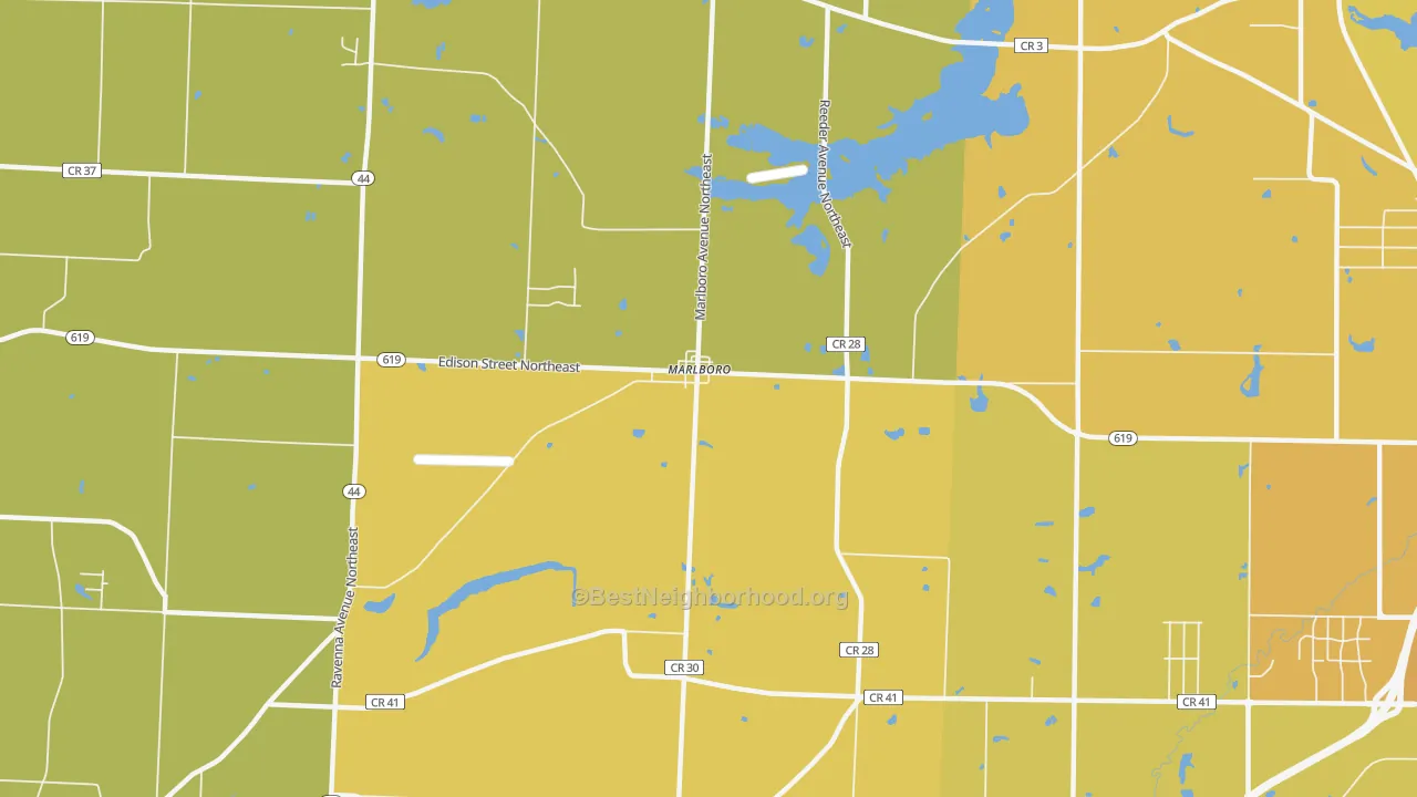 Map of the best neighborhoods in the Marlboro area, with better matches in green and worse matches in red