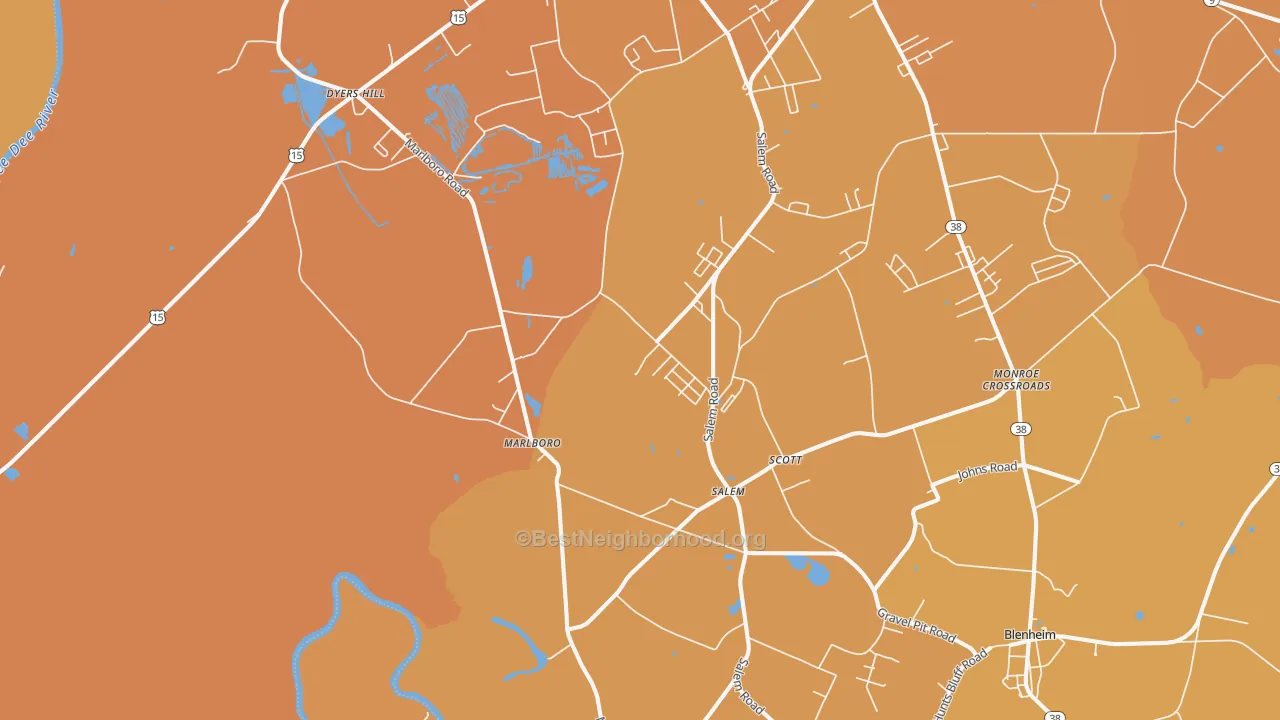 Map of the best neighborhoods in the Marlboro area, with better matches in green and worse matches in red