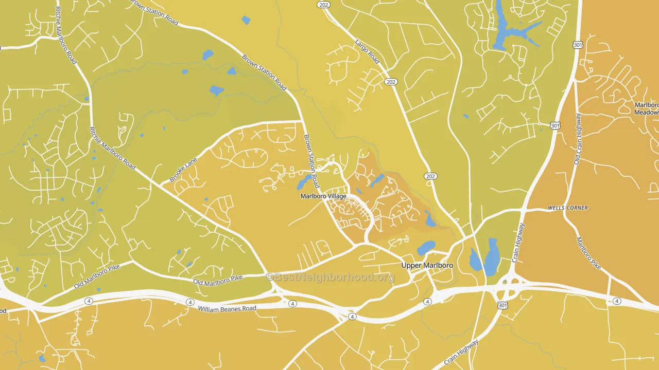Map of the best neighborhoods in the Marlboro Village area, with better matches in green and worse matches in red