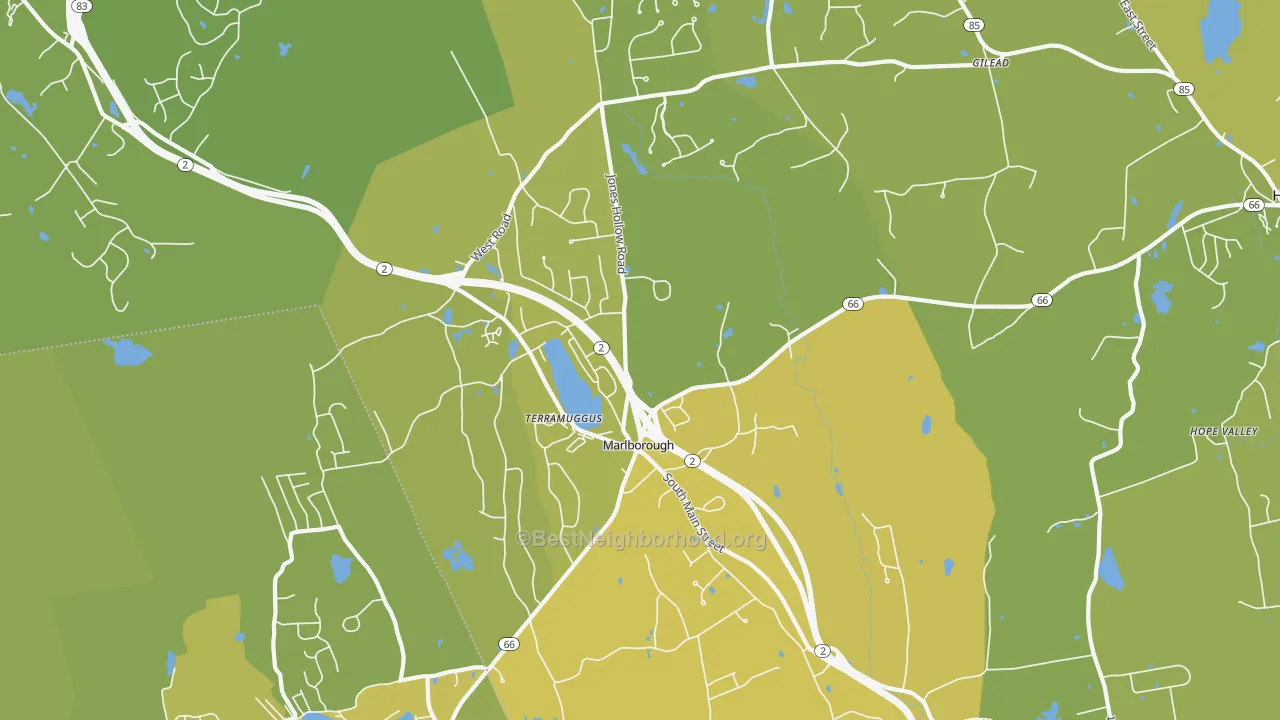 Map of the best neighborhoods in the Marlborough area, with better matches in green and worse matches in red