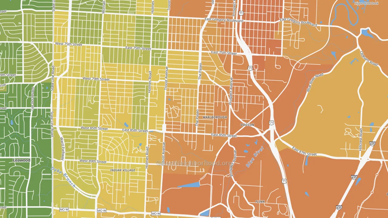 Map of the best neighborhoods in the Marlborough Heights-Marlborough Pride, Kansas City area, with better matches in green and worse matches in red