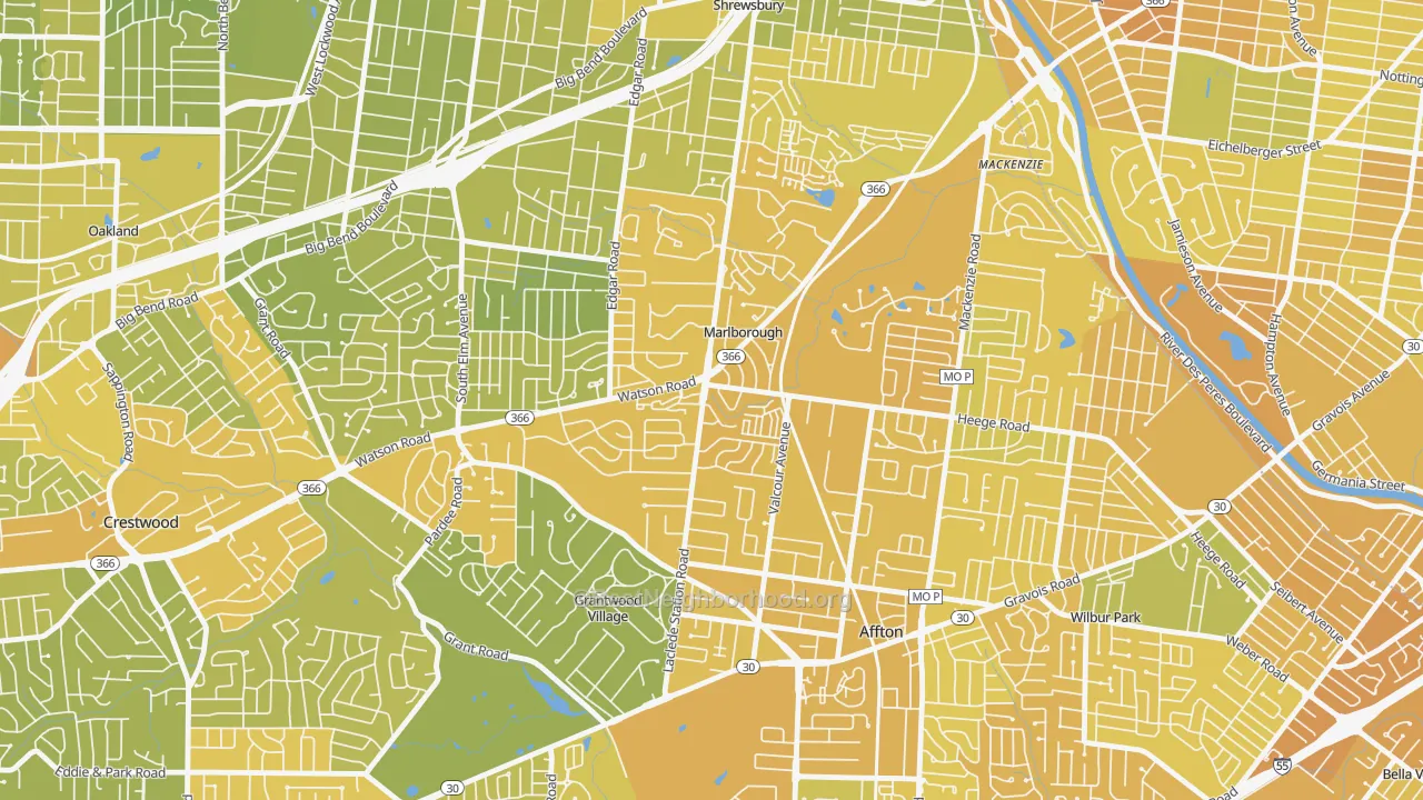 Map of the best neighborhoods in the Marlborough area, with better matches in green and worse matches in red
