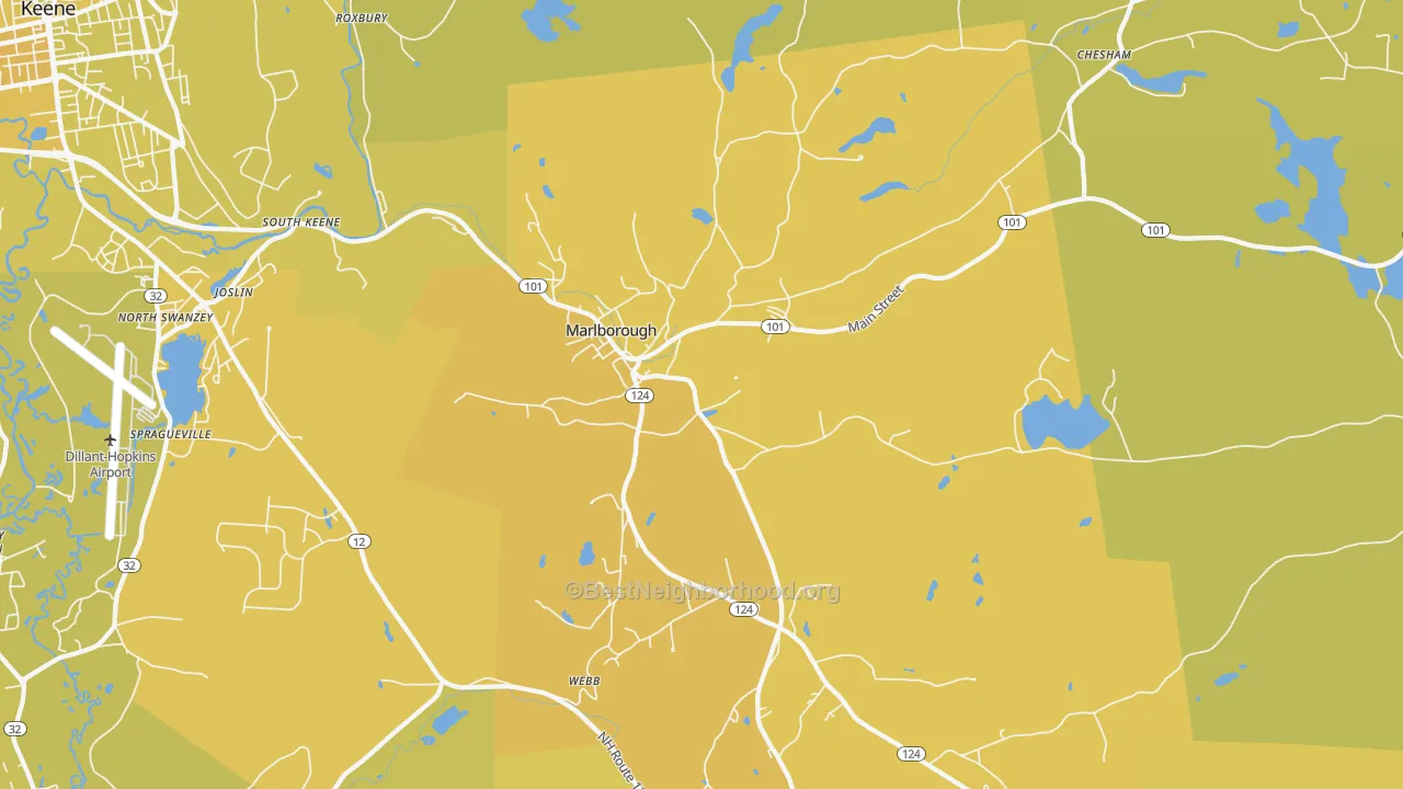 Map of the best neighborhoods in the Marlborough area, with better matches in green and worse matches in red