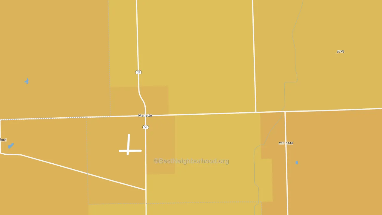 Map of the best neighborhoods in the Marlette area, with better matches in green and worse matches in red