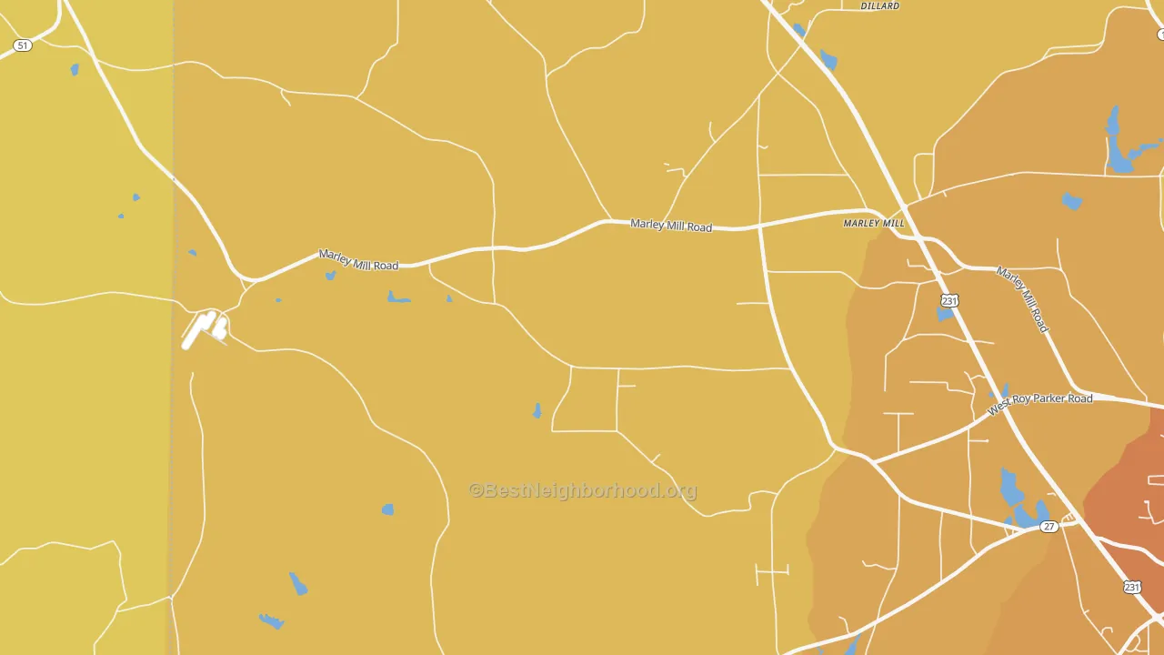 Map of the best neighborhoods in the Marley Mill area, with better matches in green and worse matches in red