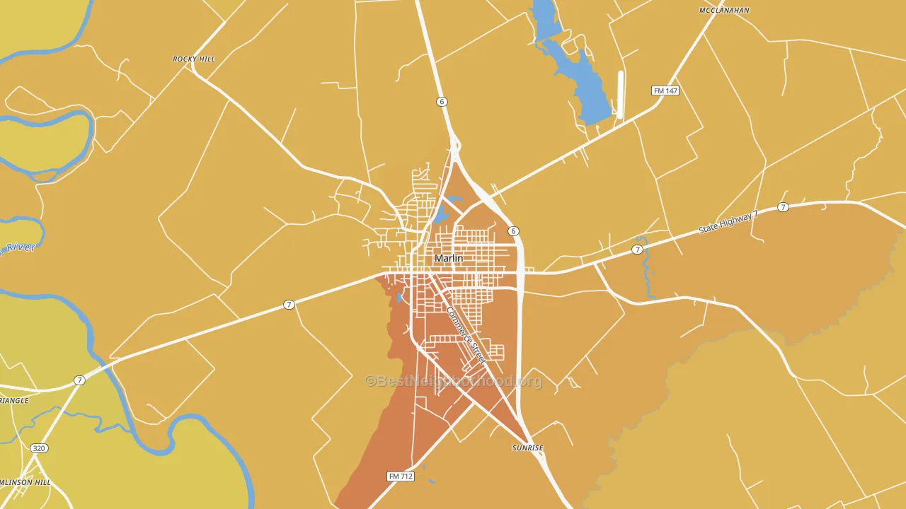 Map of the best neighborhoods in the Marlin area, with better matches in green and worse matches in red