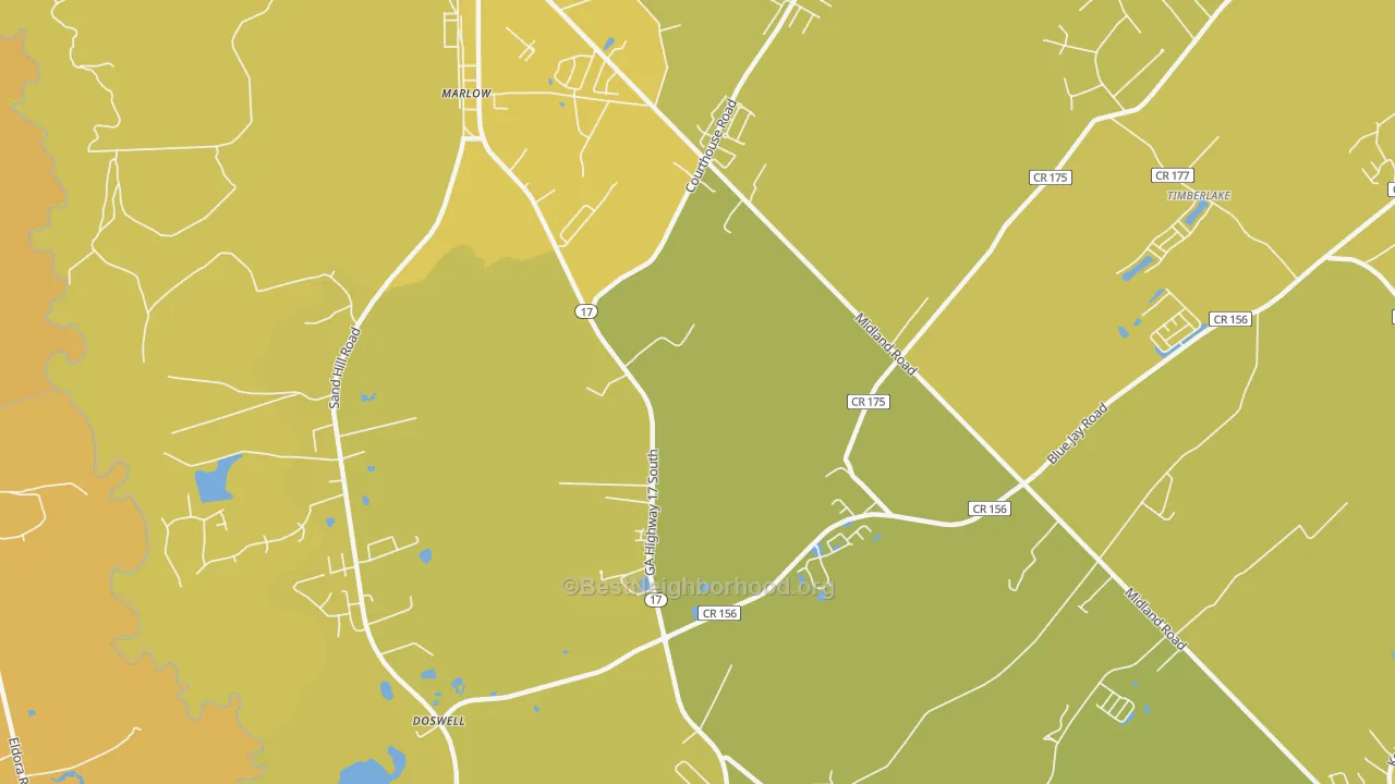 Map of the best neighborhoods in the Marlow area, with better matches in green and worse matches in red