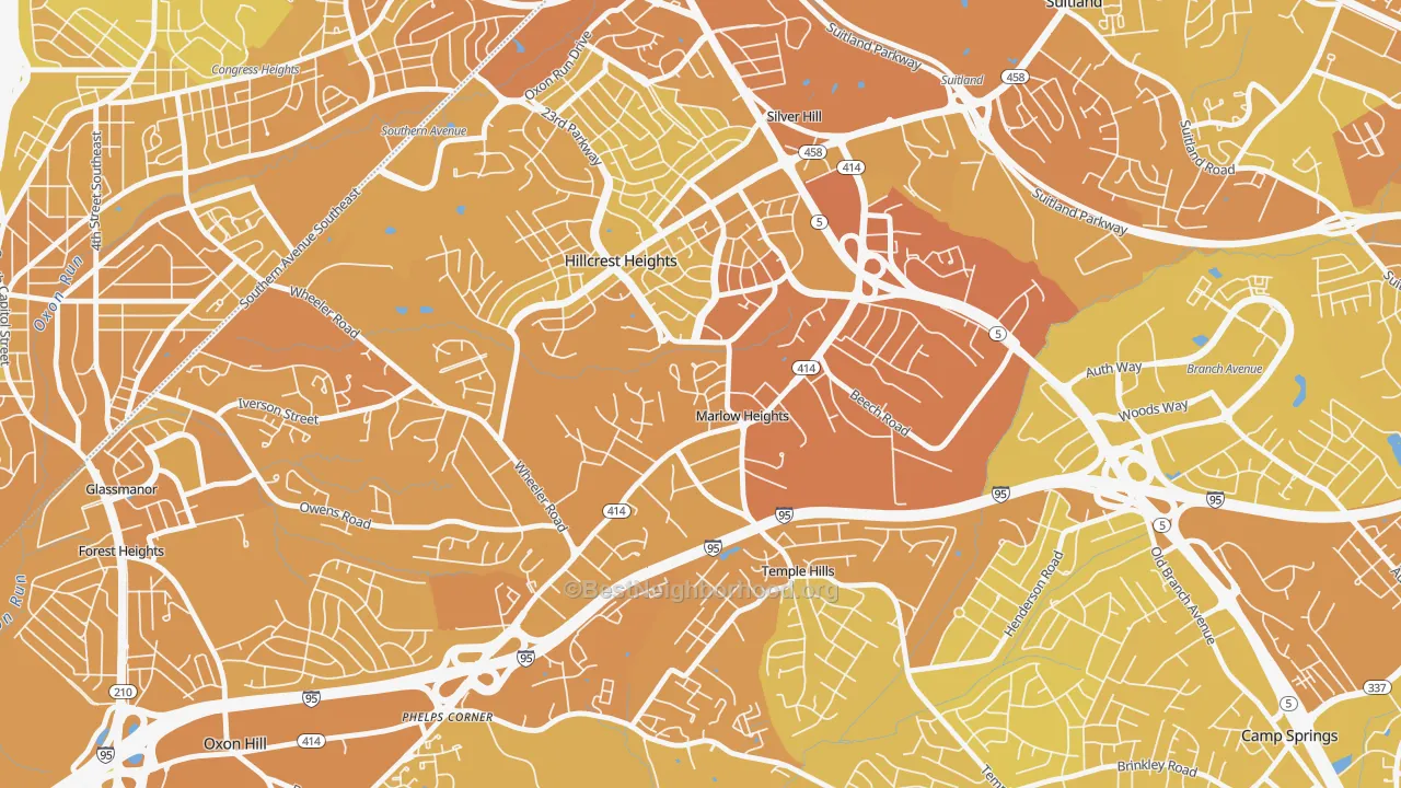 Map of the best neighborhoods in the Marlow Heights area, with better matches in green and worse matches in red
