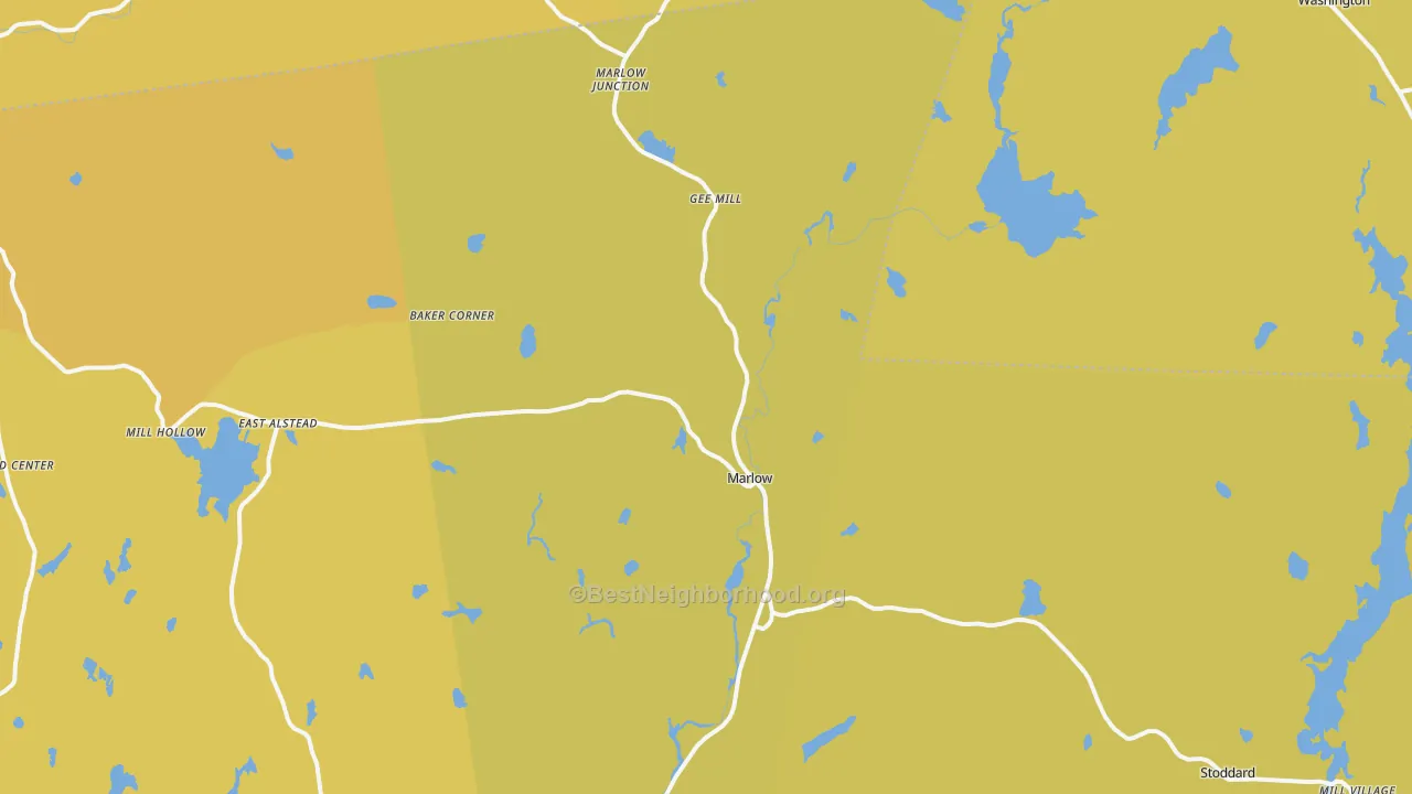 Map of the best neighborhoods in the Marlow area, with better matches in green and worse matches in red