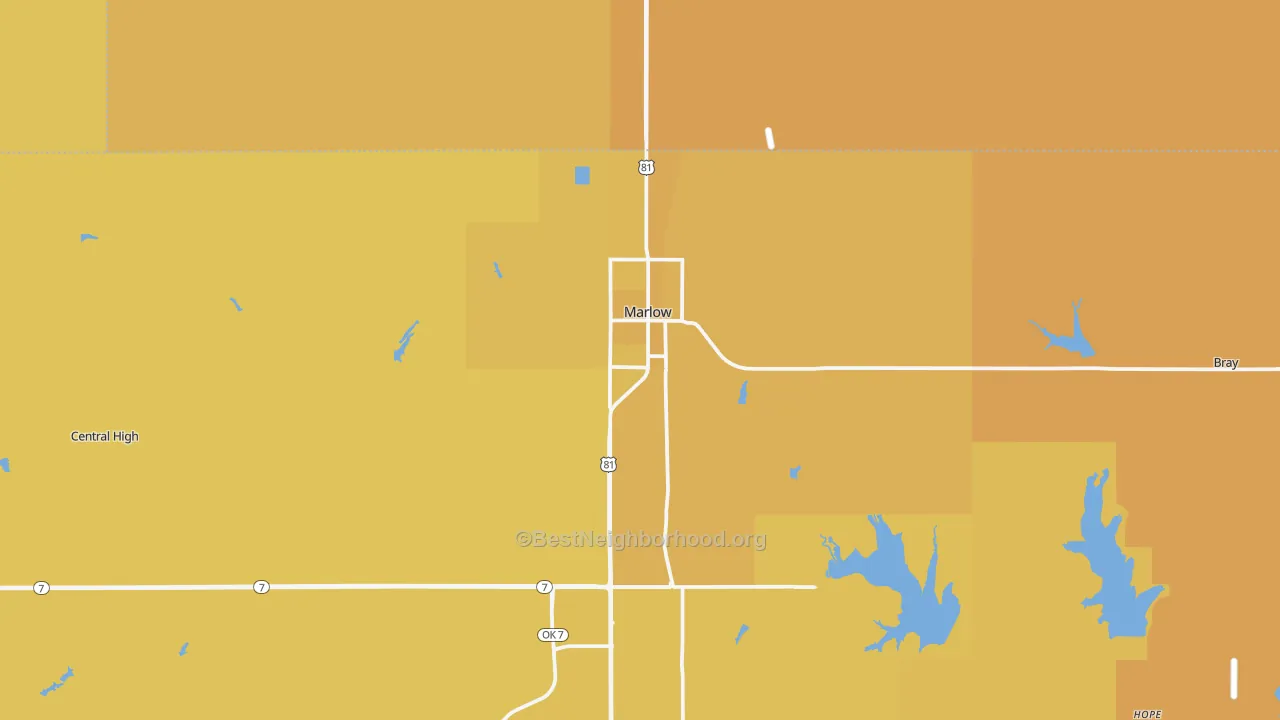Map of the best neighborhoods in the Marlow area, with better matches in green and worse matches in red