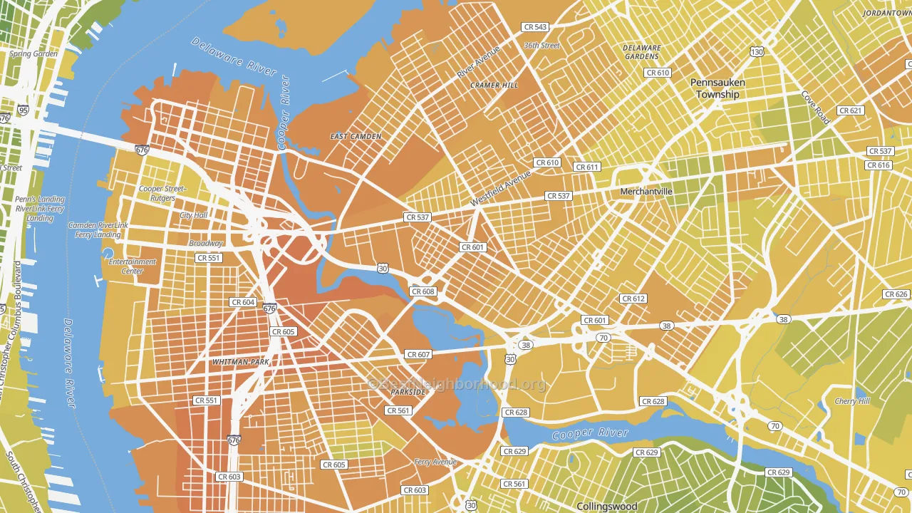 Map of the best neighborhoods in the Marlton, Camden area, with better matches in green and worse matches in red