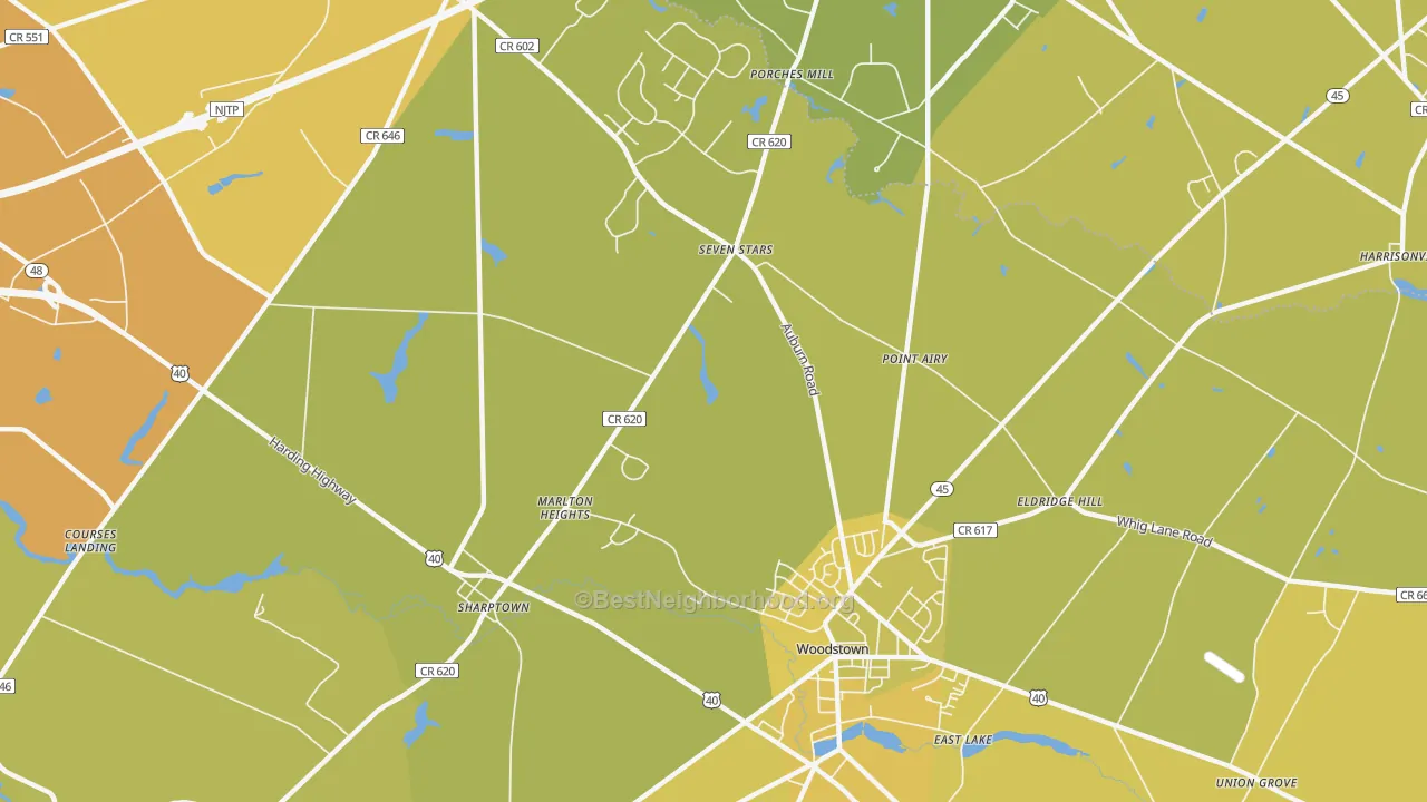 Map of the best neighborhoods in the Marlton Heights area, with better matches in green and worse matches in red