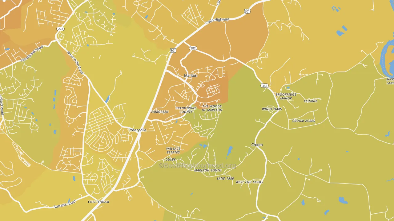 Map of the best neighborhoods in the Marlton area, with better matches in green and worse matches in red