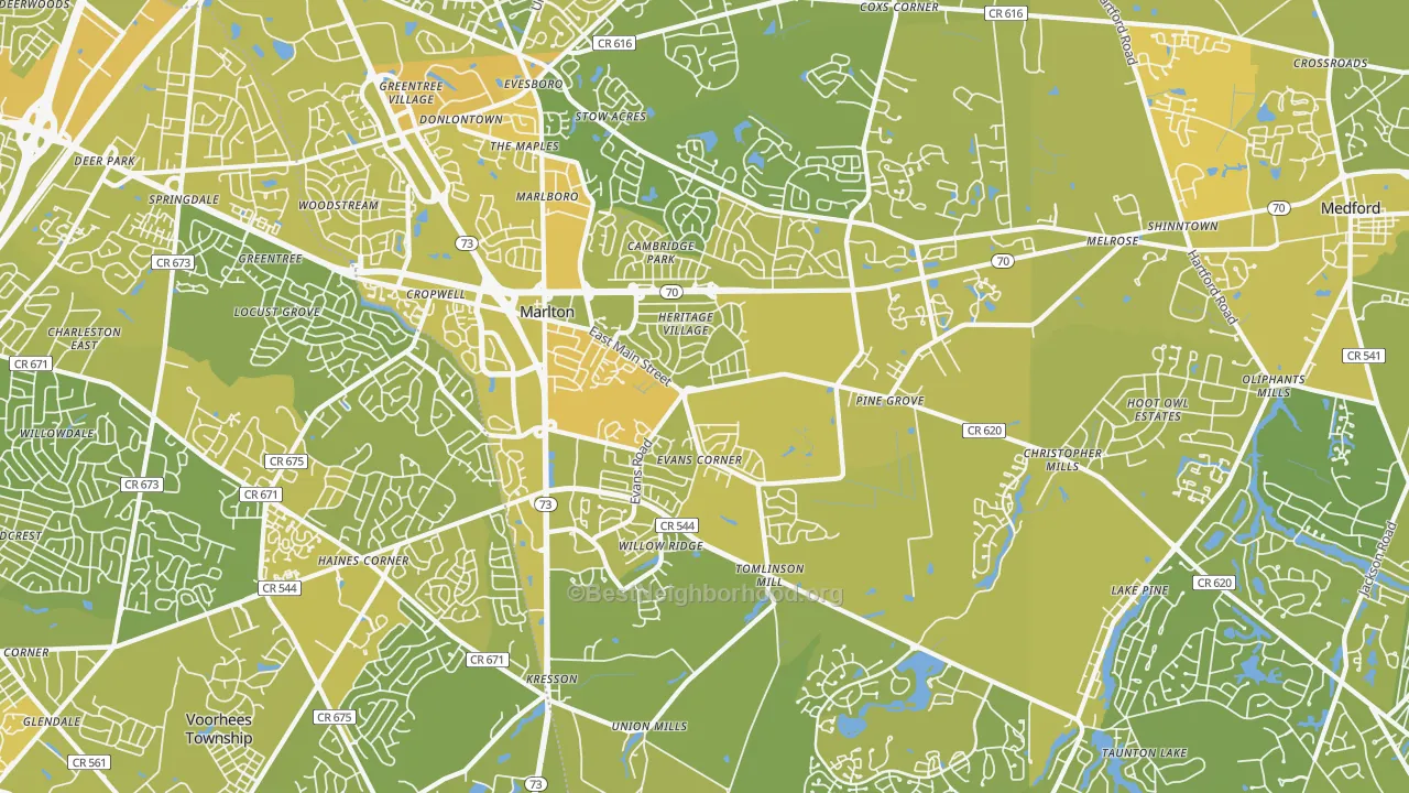 Map of the best neighborhoods in the Marlton area, with better matches in green and worse matches in red