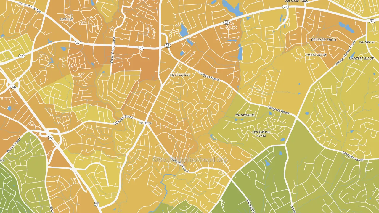 Map of the best neighborhoods in the Marlwood, Charlotte area, with better matches in green and worse matches in red