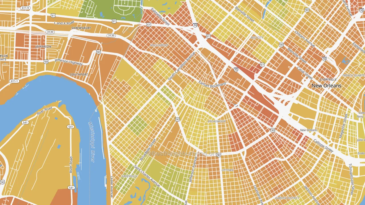 Map of the best neighborhoods in the Marlyville, New Orleans area, with better matches in green and worse matches in red