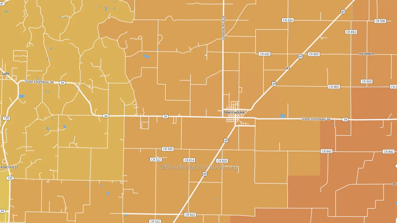 Map of the best neighborhoods in the Marmaduke area, with better matches in green and worse matches in red