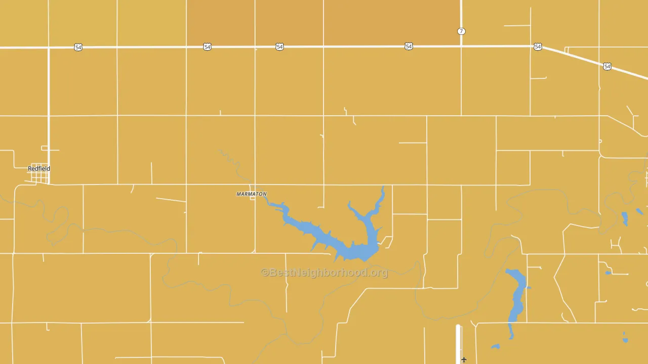 Map of the best neighborhoods in the Marmaton area, with better matches in green and worse matches in red