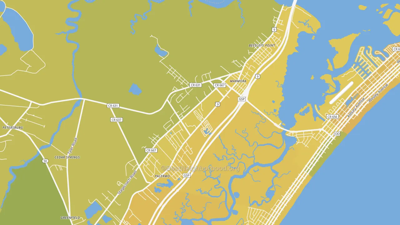 Map of the best neighborhoods in the Marmora area, with better matches in green and worse matches in red