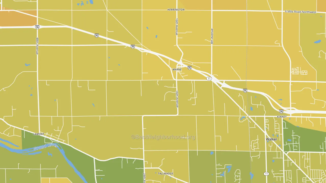 Map of the best neighborhoods in the Marne area, with better matches in green and worse matches in red