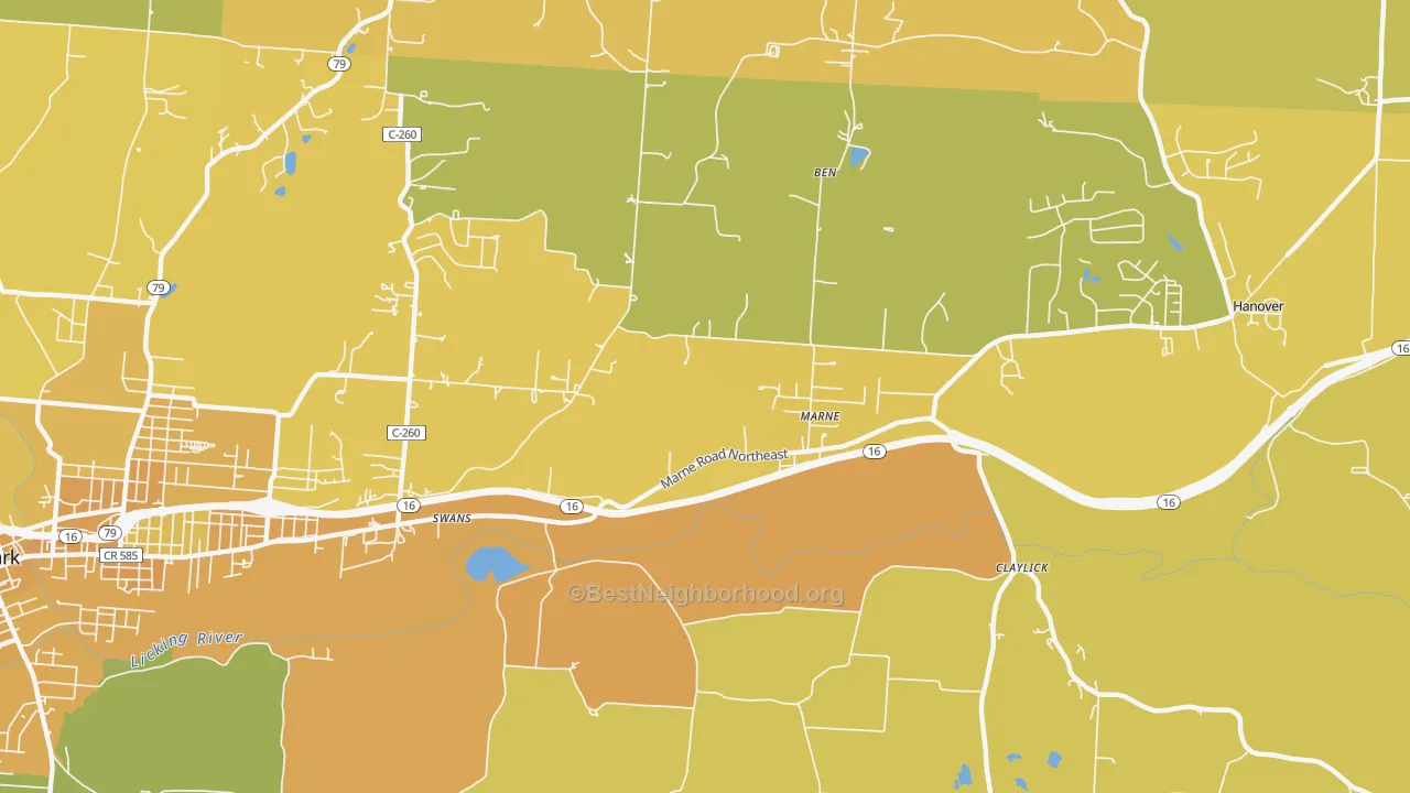 Map of the best neighborhoods in the Marne area, with better matches in green and worse matches in red
