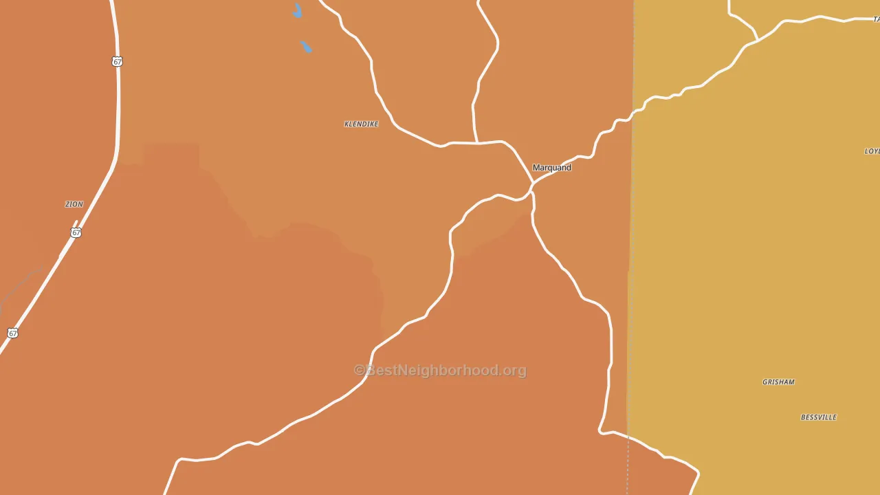 Map of the best neighborhoods in the Marquand area, with better matches in green and worse matches in red