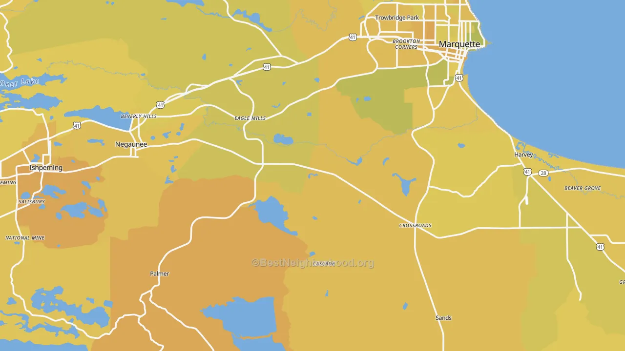 Map of the best neighborhoods in the Marquette County area, with better matches in green and worse matches in red