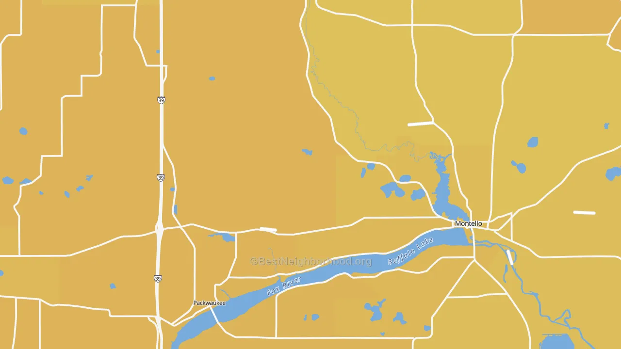 Map of the best neighborhoods in the Marquette County area, with better matches in green and worse matches in red