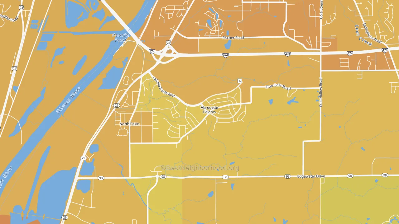 Map of the best neighborhoods in the Marquette Heights area, with better matches in green and worse matches in red