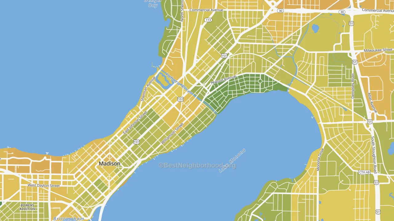 Map of the best neighborhoods in the Marquette, Madison area, with better matches in green and worse matches in red